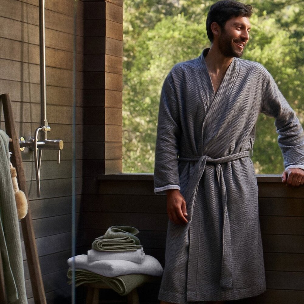 Coyuchi Unisex Mediterranean Organic Cotton Modern Bath Robe Shadow Grey L XL